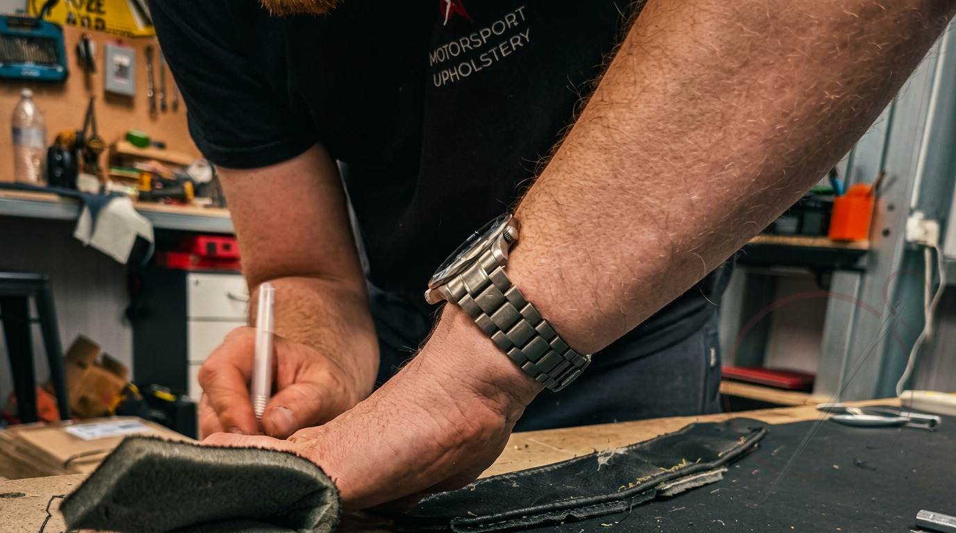 An upholsterer working on a vehicle interior